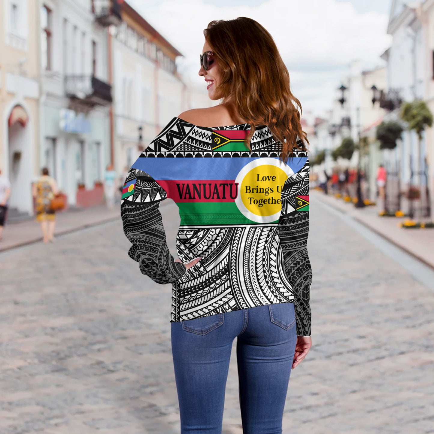Vanuatu Off Shoulder Sweatshirt - Custom Shefa Tribal Pattern Mix Flag