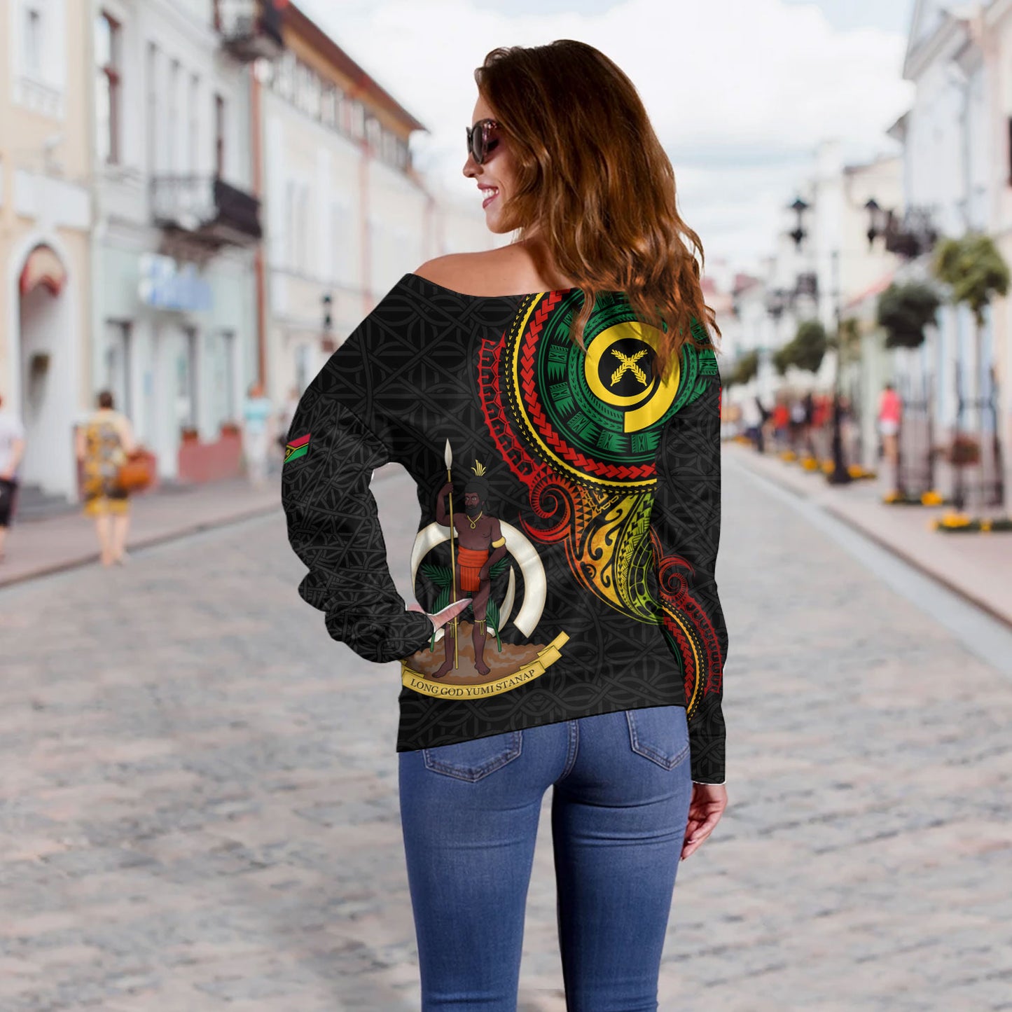 Vanuatu Off Shoulder Sweatshirt Custom Vanuatu Seal Mutis En Atan Patterns Reggae Color