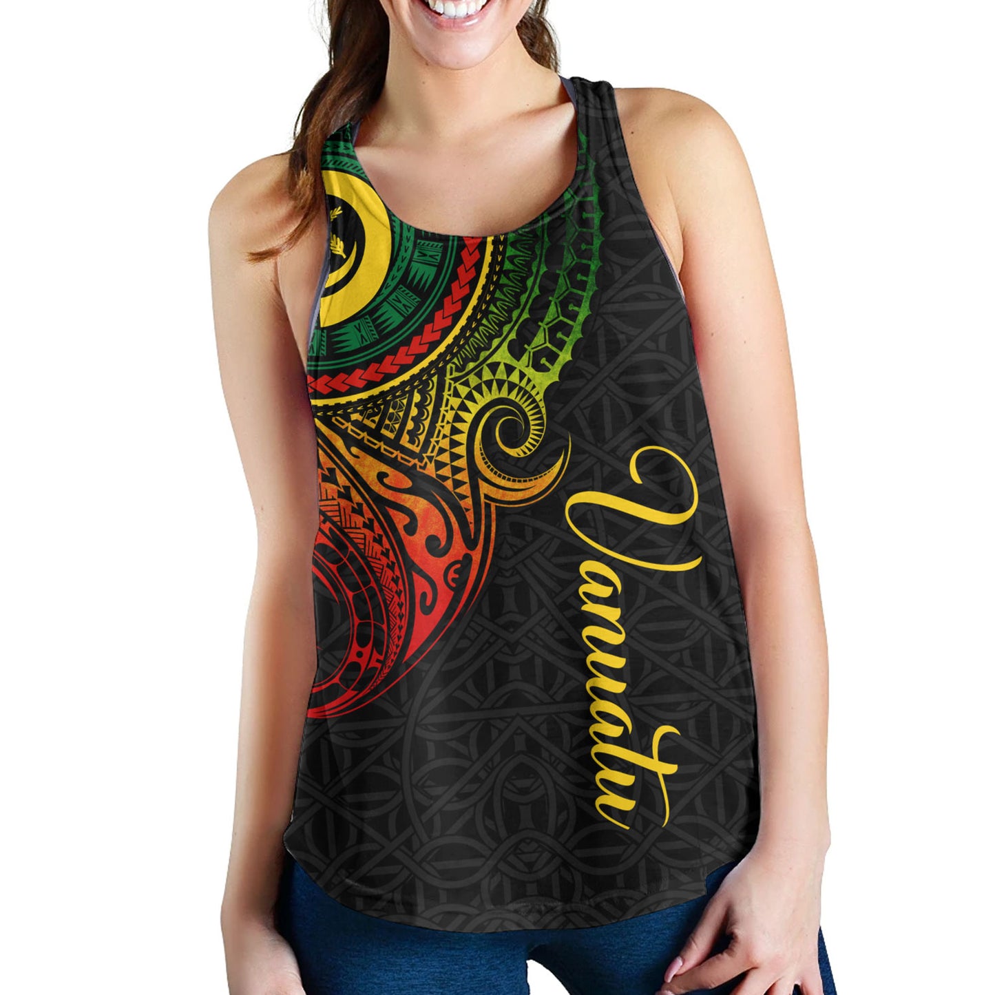 Vanuatu Women Tank Custom Vanuatu Seal Mutis En Atan Patterns Reggae Color