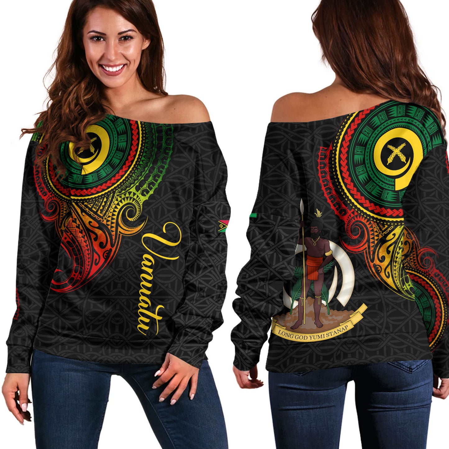 Vanuatu Off Shoulder Sweatshirt Custom Vanuatu Seal Mutis En Atan Patterns Reggae Color