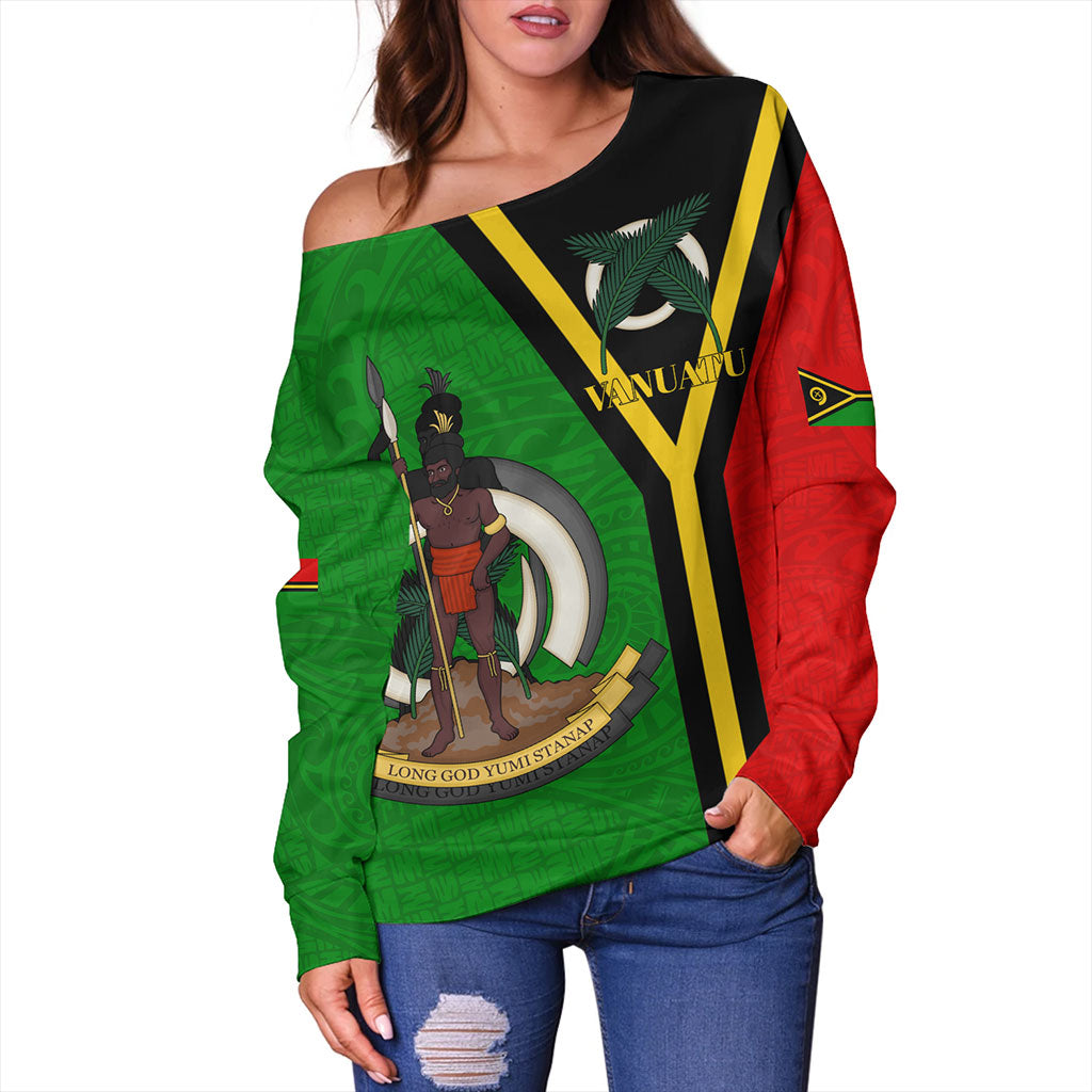 Vanuatu Off Shoulder Sweatshirt Melanesia Flag Design