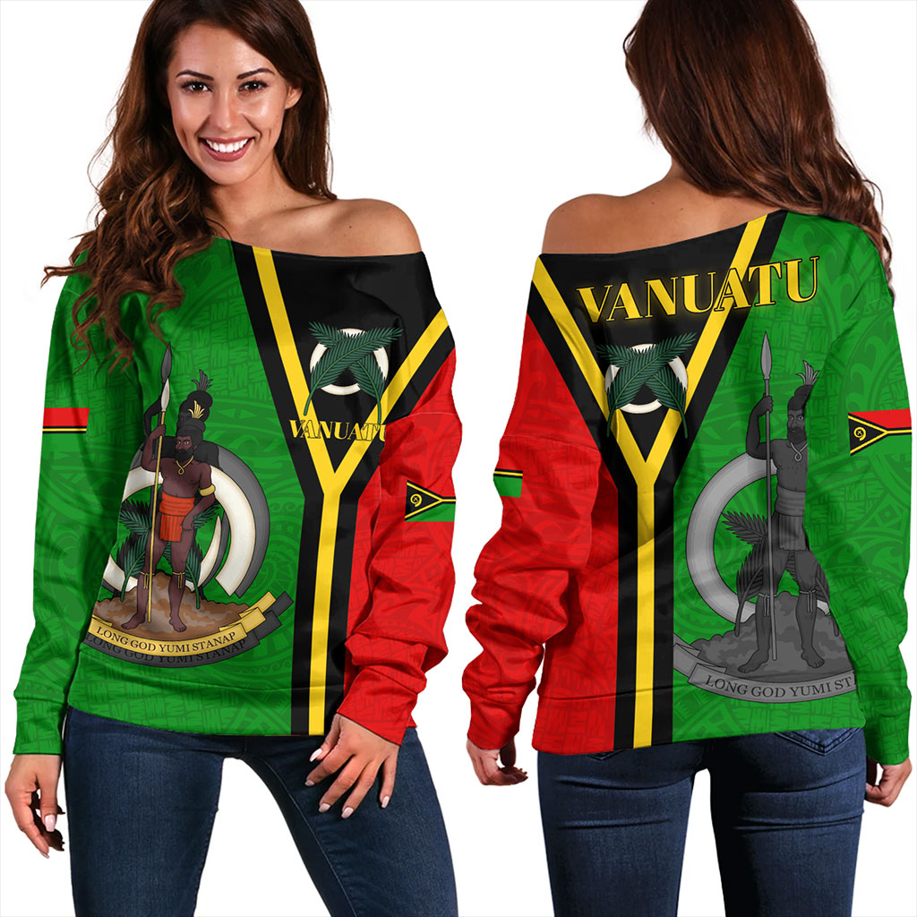 Vanuatu Off Shoulder Sweatshirt Melanesia Flag Design