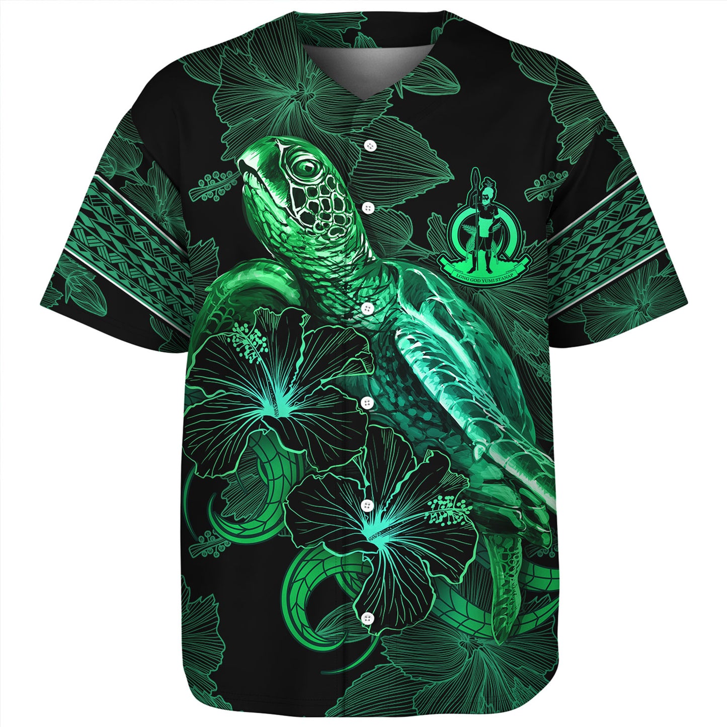 Vanuatu Baseball Shirt  Sea Turtle With Blooming Hibiscus Flowers Tribal Green