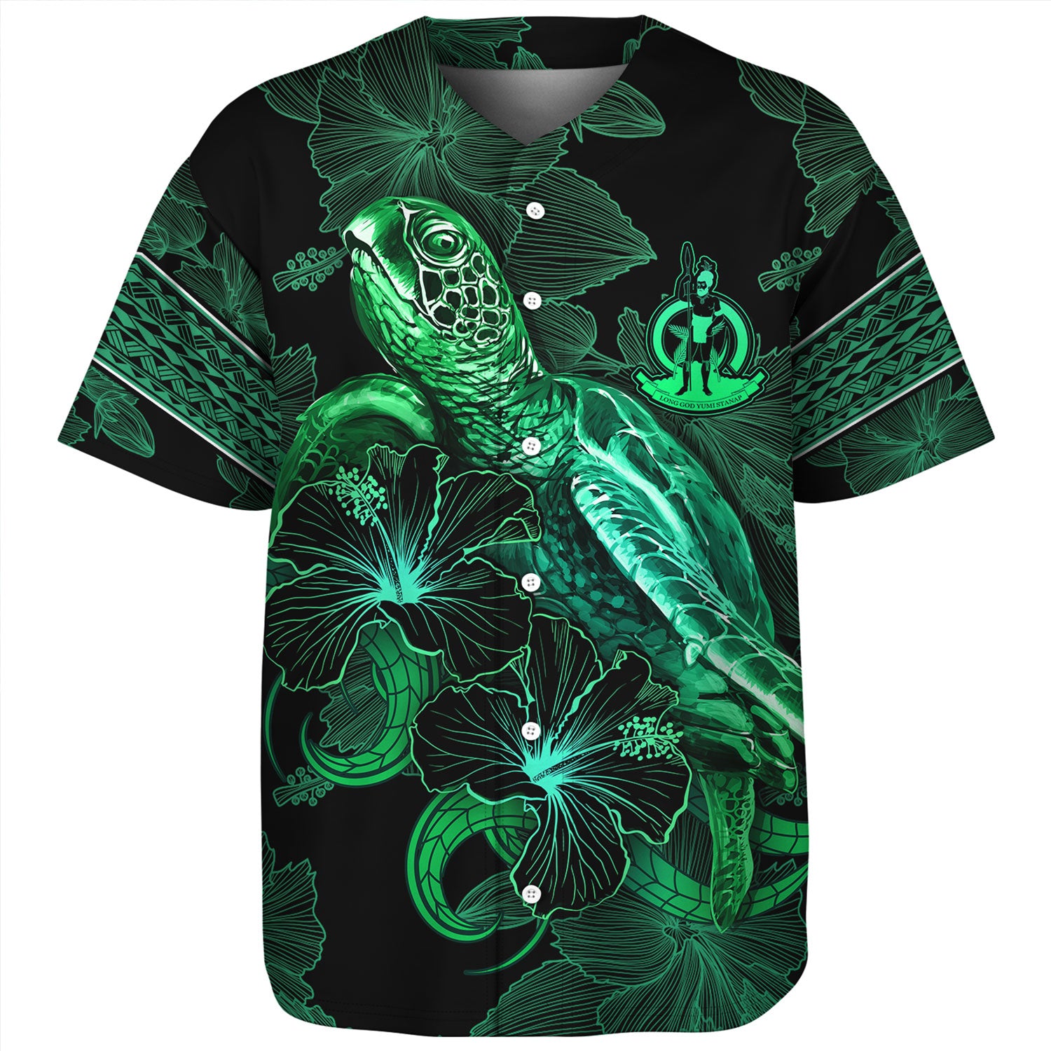 Vanuatu Baseball Shirt  Sea Turtle With Blooming Hibiscus Flowers Tribal Green