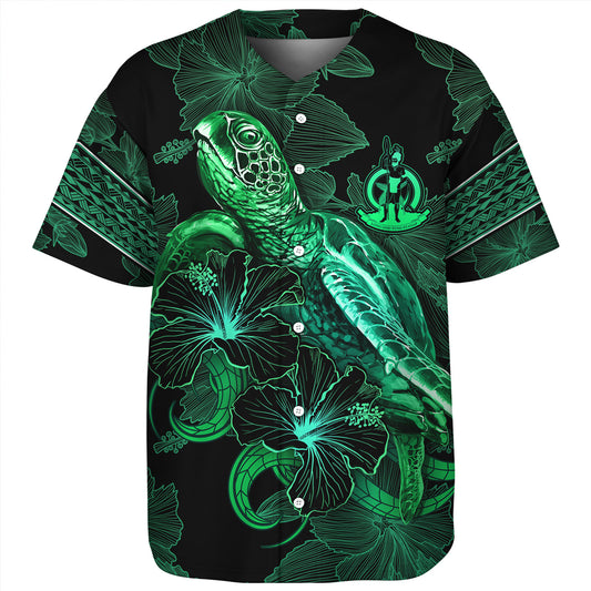 Vanuatu Baseball Shirt  Sea Turtle With Blooming Hibiscus Flowers Tribal Green