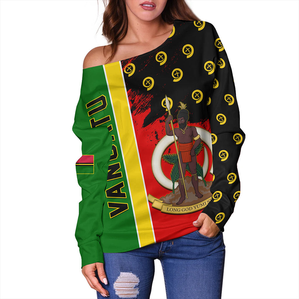 Vanuatu Off Shoulder Sweatshirt Melanesian Flag Grunge Symbols Pattern