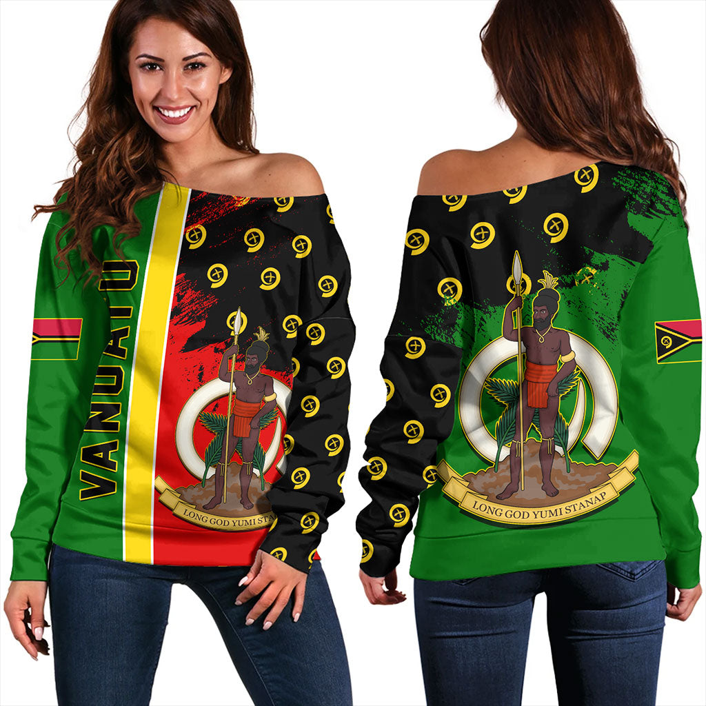 Vanuatu Off Shoulder Sweatshirt Melanesian Flag Grunge Symbols Pattern