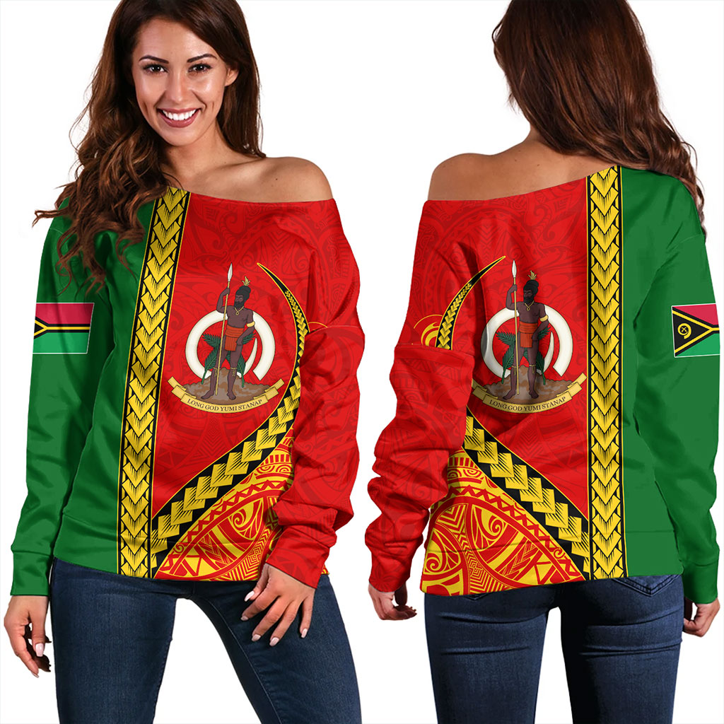 Vanuatu Off Shoulder Sweatshirt Tribal Melanesian Flag And Coat Of Arms