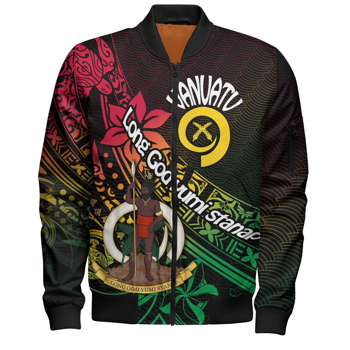 Vanuatu Bomber Jacket  Long God Yumi Stanap Flag Color Tribal Patterns Style