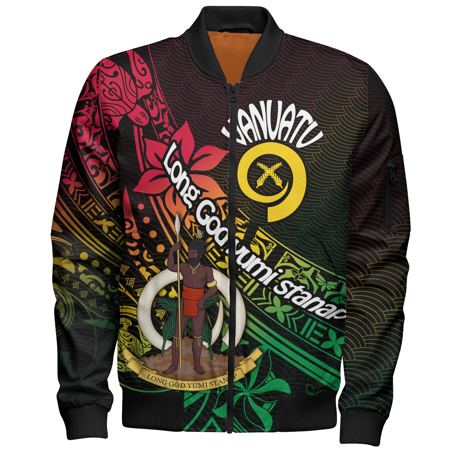 Vanuatu Bomber Jacket  Long God Yumi Stanap Flag Color Tribal Patterns Style