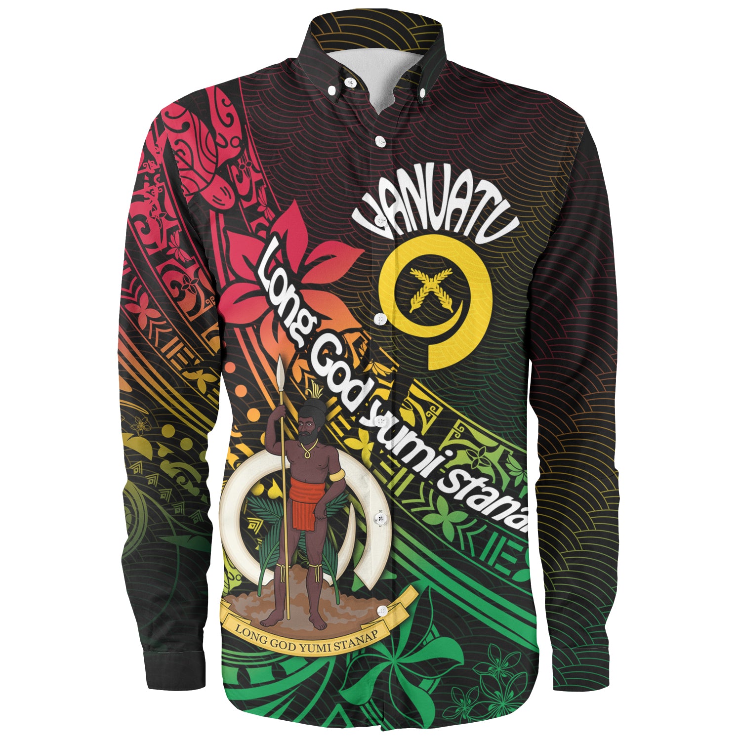 Vanuatu Long Sleeve Shirt  Long God Yumi Stanap Flag Color Tribal Patterns Style