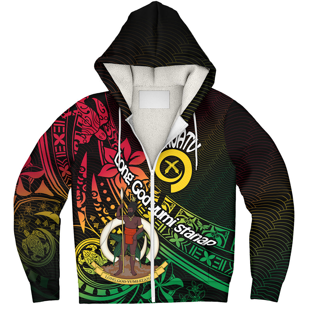 Vanuatu Sherpa Hoodie Long God Yumi Stanap Flag Color Tribal Patterns Style