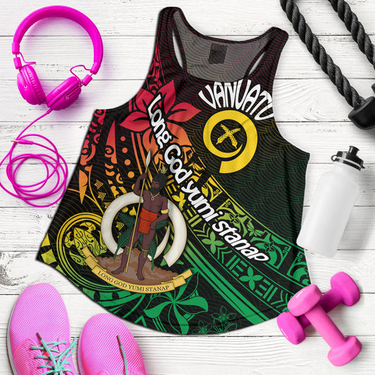 Vanuatu Women Tank Long God Yumi Stanap Flag Color Tribal Patterns Style
