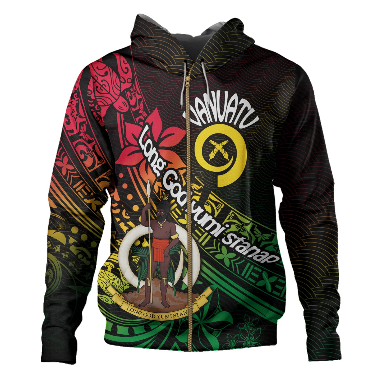 Vanuatu Hoodie Long God Yumi Stanap Flag Color Tribal Patterns Style