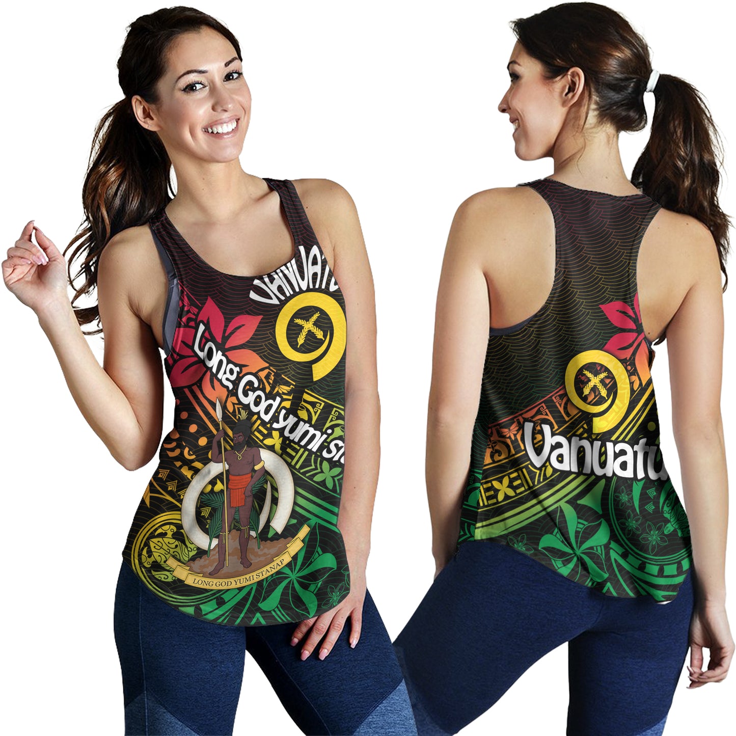 Vanuatu Women Tank Long God Yumi Stanap Flag Color Tribal Patterns Style
