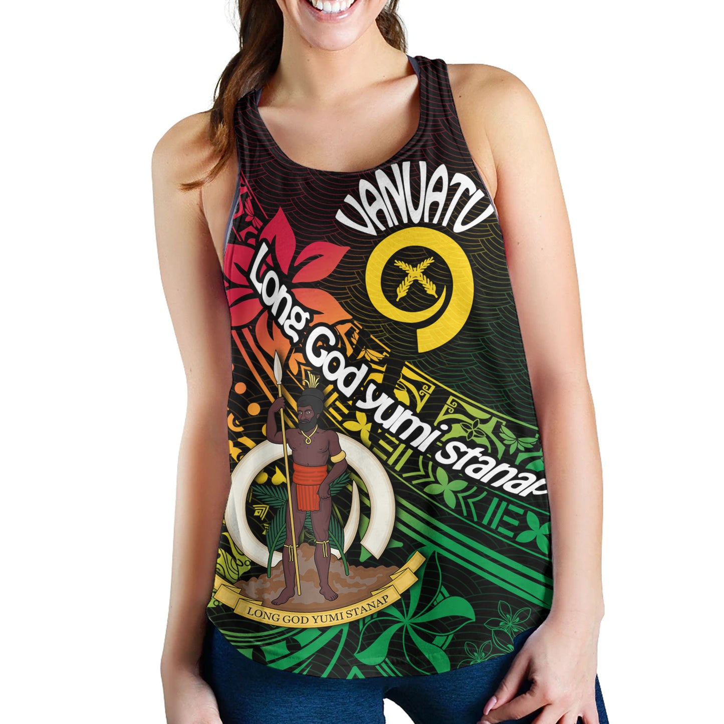 Vanuatu Women Tank Long God Yumi Stanap Flag Color Tribal Patterns Style