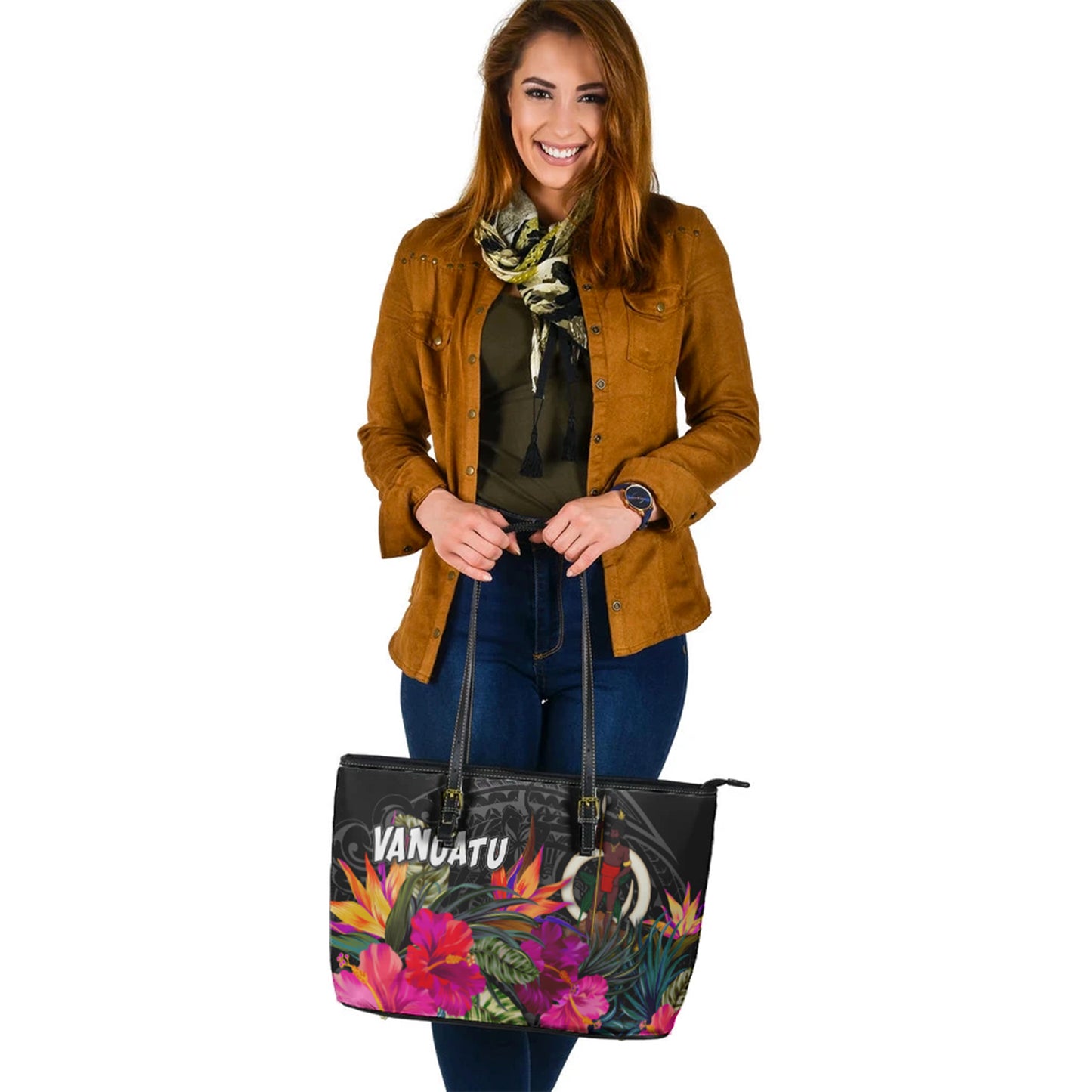 Vanuatu Custom Personalised Leather Tote Polynesian Hibiscus Pattern