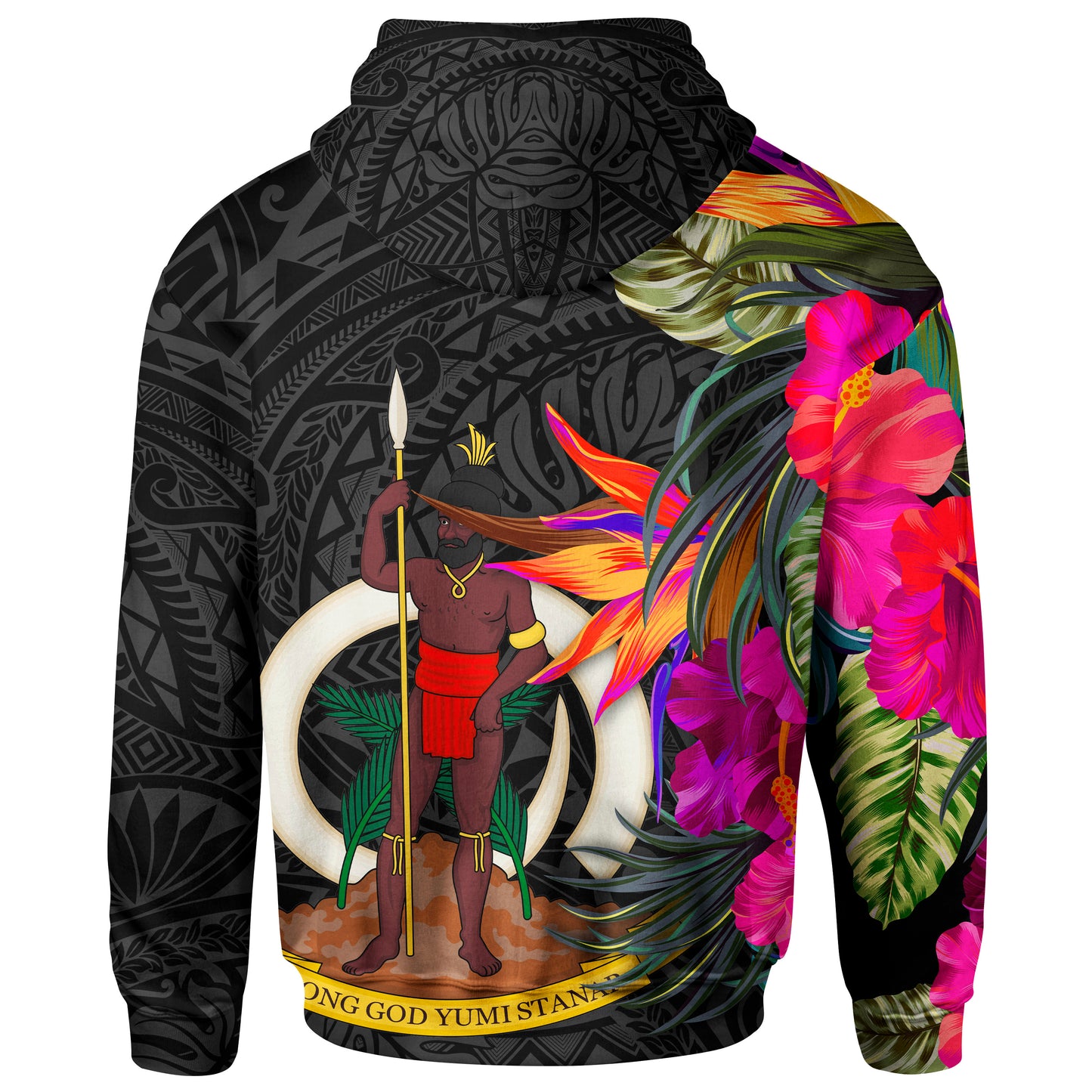Vanuatu Hoodie Hibiscus Polynesian Black Pattern