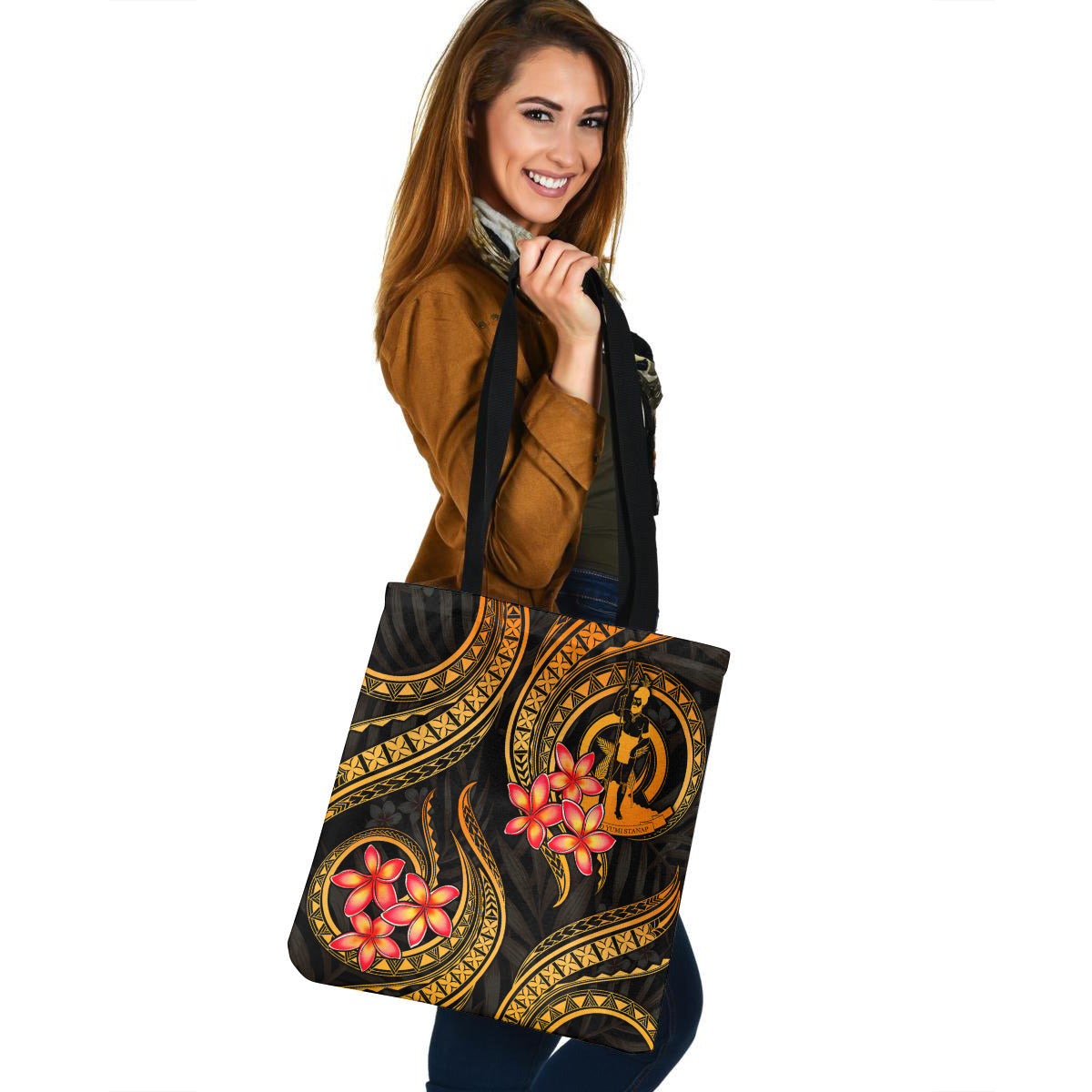 Vanuatu Tote Bag Gold Polynesian Pattern Plumeria