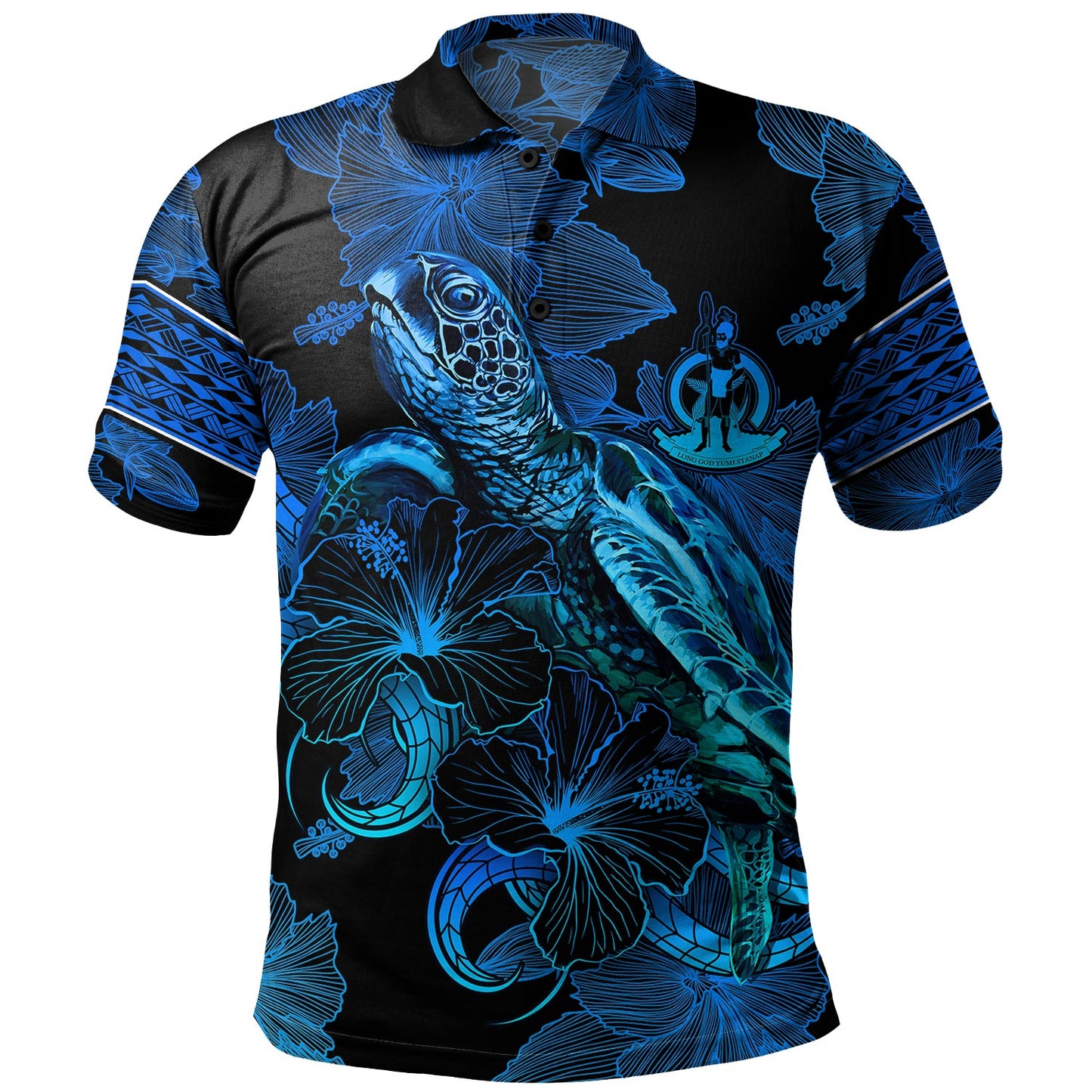 Vanuatu Polo Shirt Sea Turtle With Blooming Hibiscus Flowers Tribal Blue