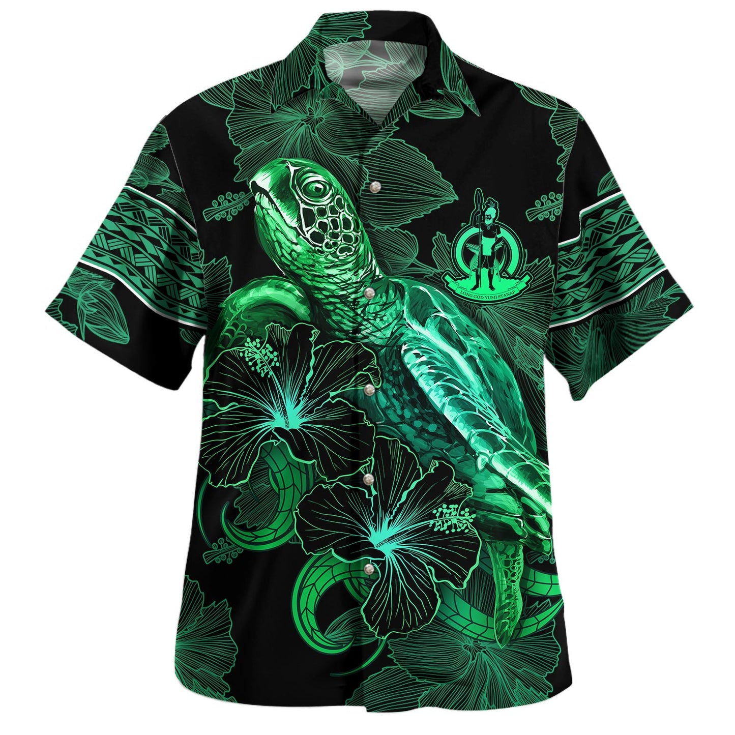 Fiji Hawaiian Shirt  Sea Turtle With Blooming Hibiscus Flowers Tribal Green