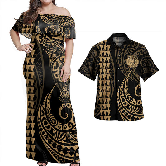 Vanuatu Combo Dress And Shirt Coat Of Arms Kakau Style Gold