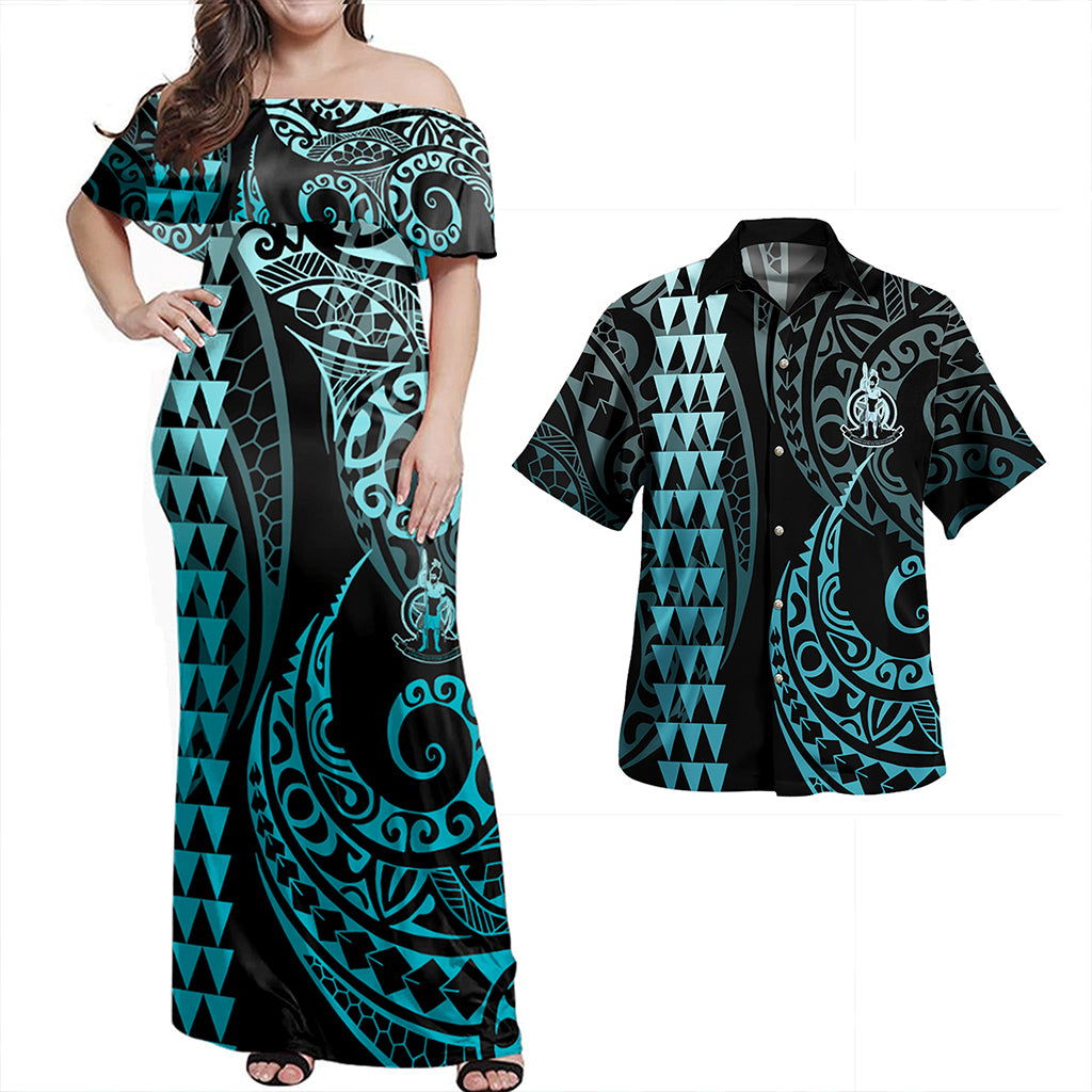 Vanuatu Combo Dress And Shirt Coat Of Arms Kakau Style Turquoise