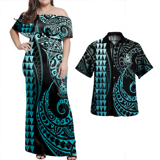 Vanuatu Combo Dress And Shirt Coat Of Arms Kakau Style Turquoise