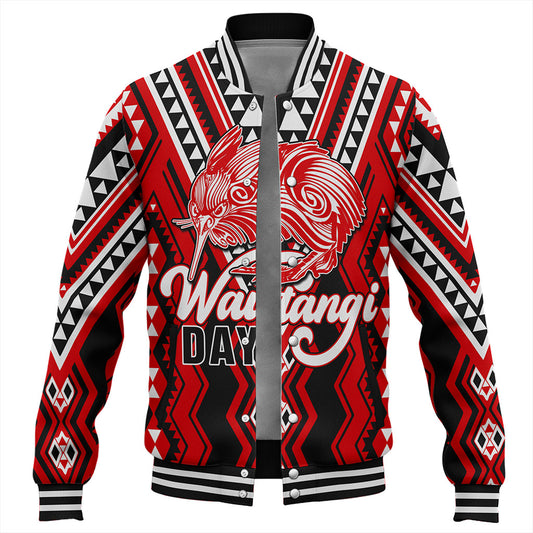 New Zealand Baseball Jacket Waitangi Day Kiwi Bird Pattern Fabric