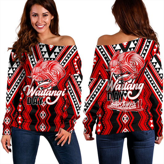 New Zealand Off Shoulder Sweatshirt Waitangi Day Kiwi Bird Pattern Fabric