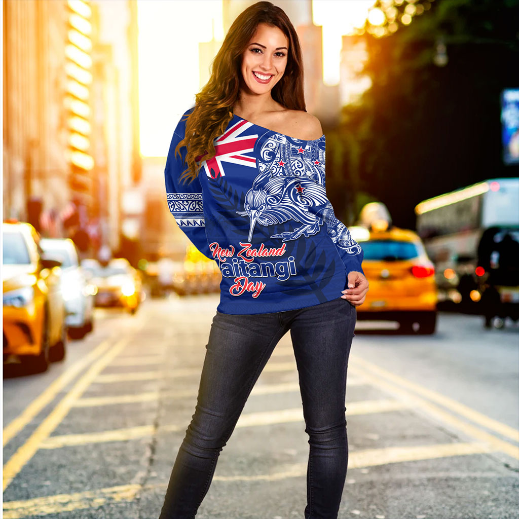 New Zealand Off Shoulder Sweatshirt Waitangi Day Maori Tribal Flag With Symbol National