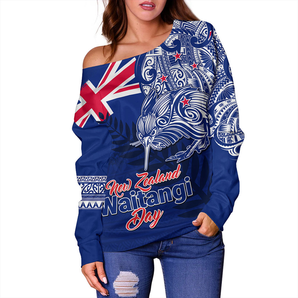New Zealand Off Shoulder Sweatshirt Waitangi Day Maori Tribal Flag With Symbol National