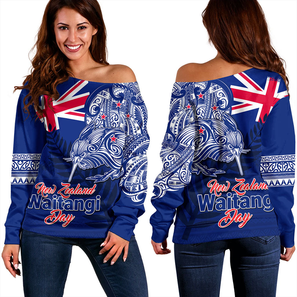New Zealand Off Shoulder Sweatshirt Waitangi Day Maori Tribal Flag With Symbol National
