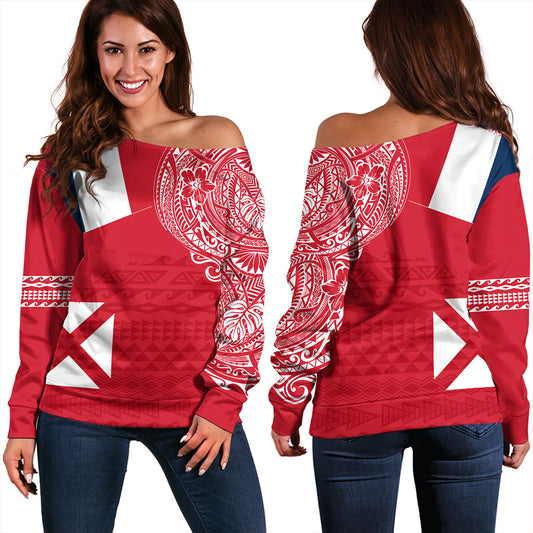 Wallis And Futuna Off Shoulder Sweatshirt Polynesian Flag With Coat Of Arms
