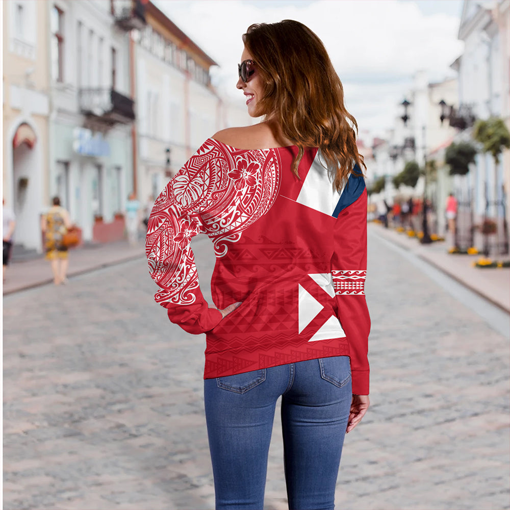 Wallis And Futuna Off Shoulder Sweatshirt Polynesian Flag With Coat Of Arms