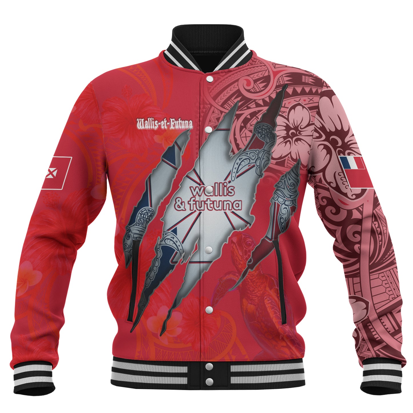 Wallis And Futuna Baseball Jacket Custom Wallisian Futunan Blood Inside Me Polynesian Sleeve Tattoo Tropical Red