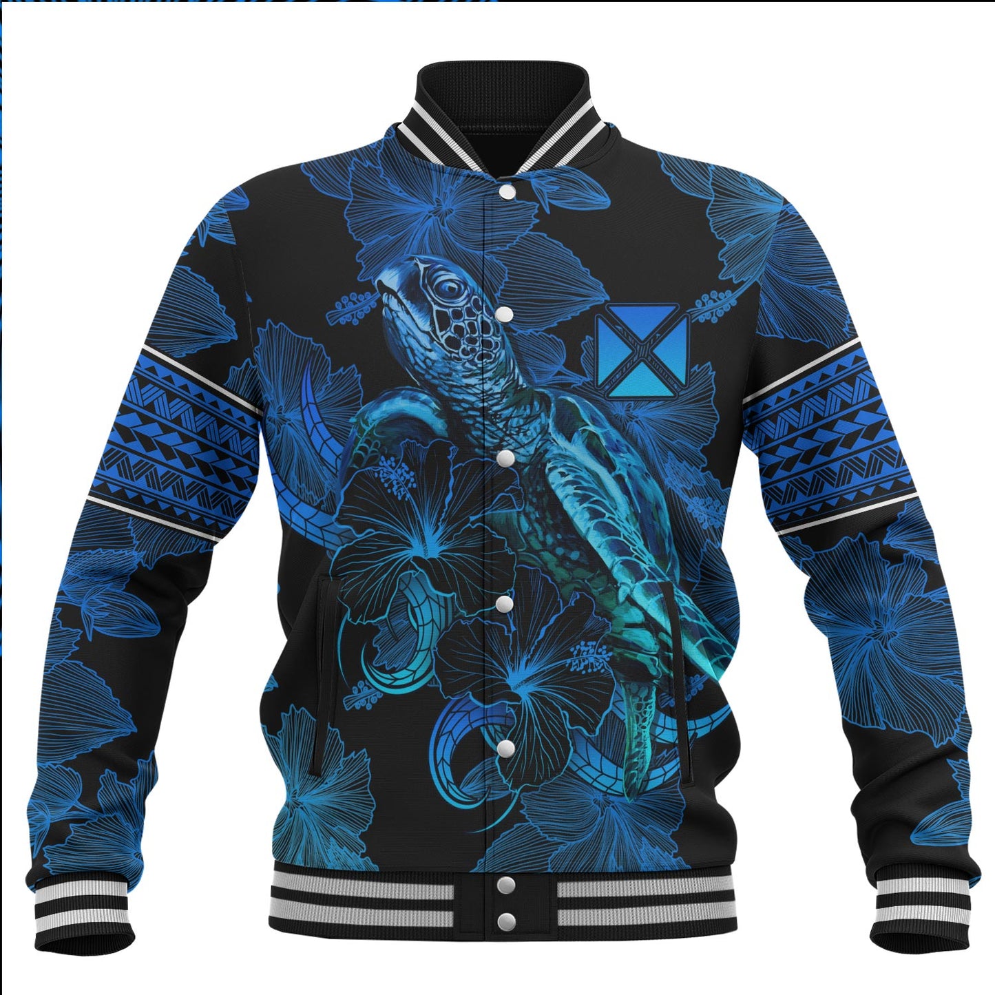 Wallis And Futuna Baseball Jacket Sea Turtle With Blooming Hibiscus Flowers Tribal Blue