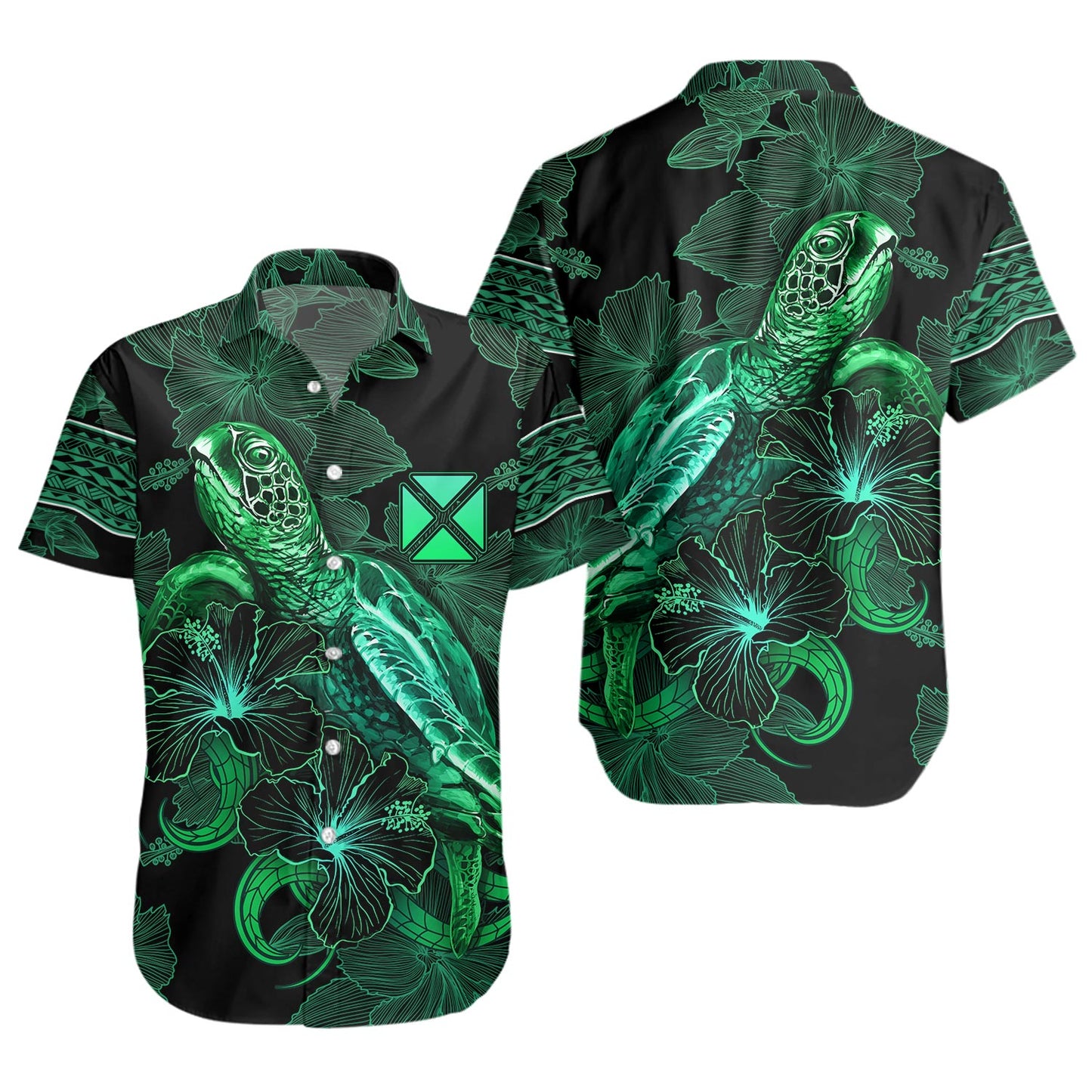 Wallis And Futuna Short Sleeve Shirt Sea Turtle With Blooming Hibiscus Flowers Tribal Green