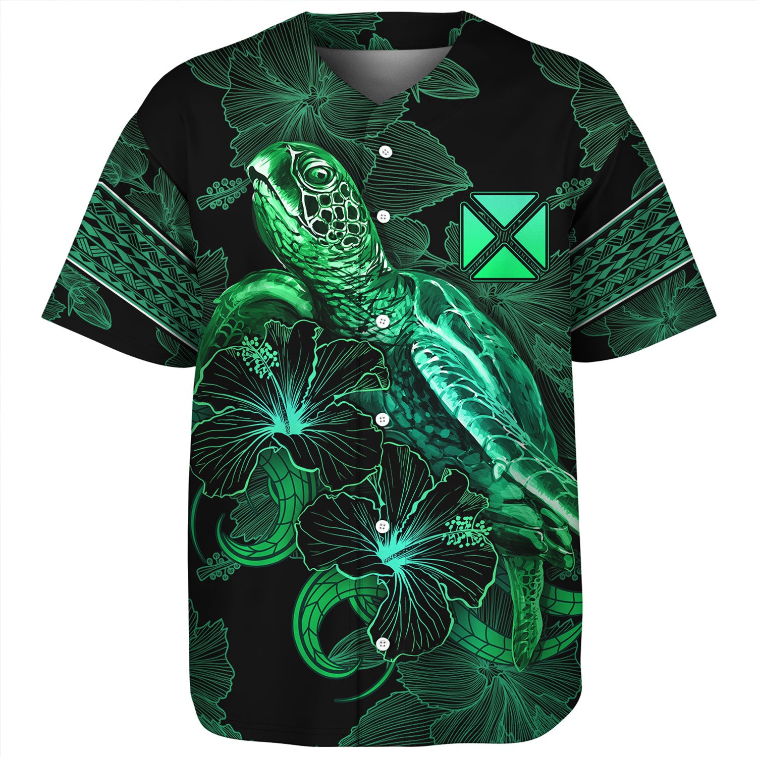 Wallis And Futuna Baseball Shirt  Sea Turtle With Blooming Hibiscus Flowers Tribal Green