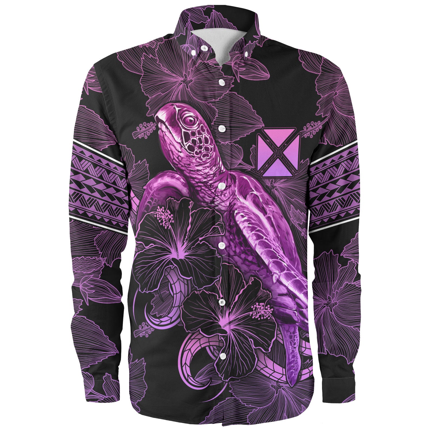 Wallis And Futuna Long Sleeve Shirt Sea Turtle With Blooming Hibiscus Flowers Tribal Purple