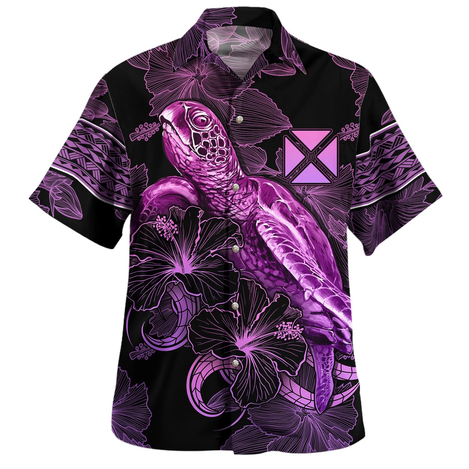 Wallis And Futuna Hawaiian Shirt Sea Turtle With Blooming Hibiscus Flowers Tribal Purple