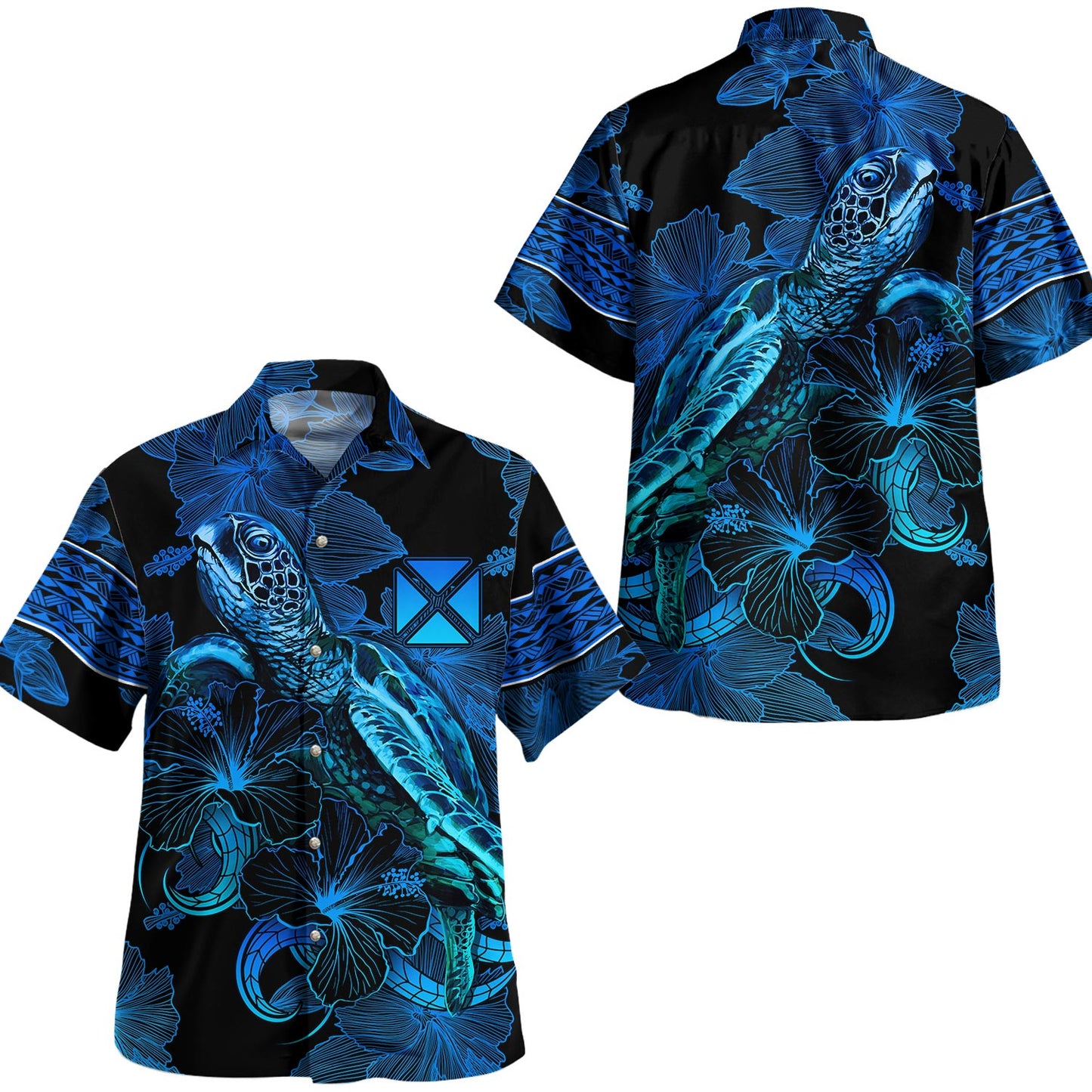 Wallis And Futuna Hawaiian Shirt Sea Turtle With Blooming Hibiscus Flowers Tribal Blue