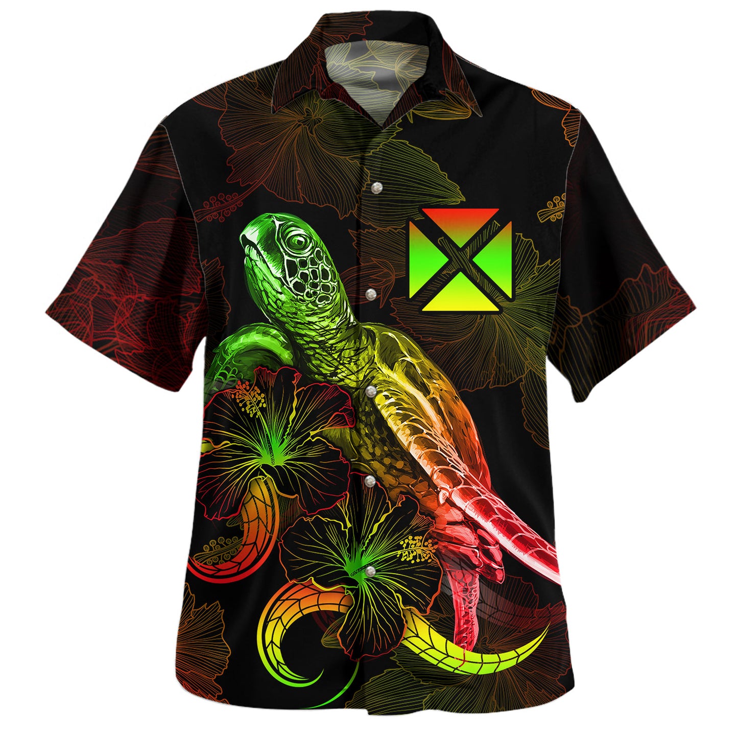 Wallis And Futuna Hawaiian Shirt Sea Turtle With Blooming Hibiscus Flowers Reggae