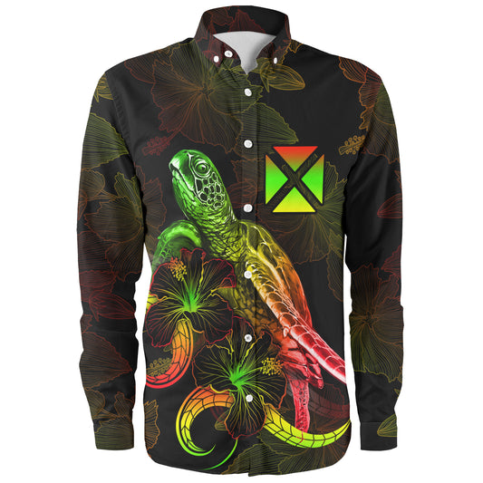 Wallis And Futuna Long Sleeve Shirt Sea Turtle With Blooming Hibiscus Flowers Reggae