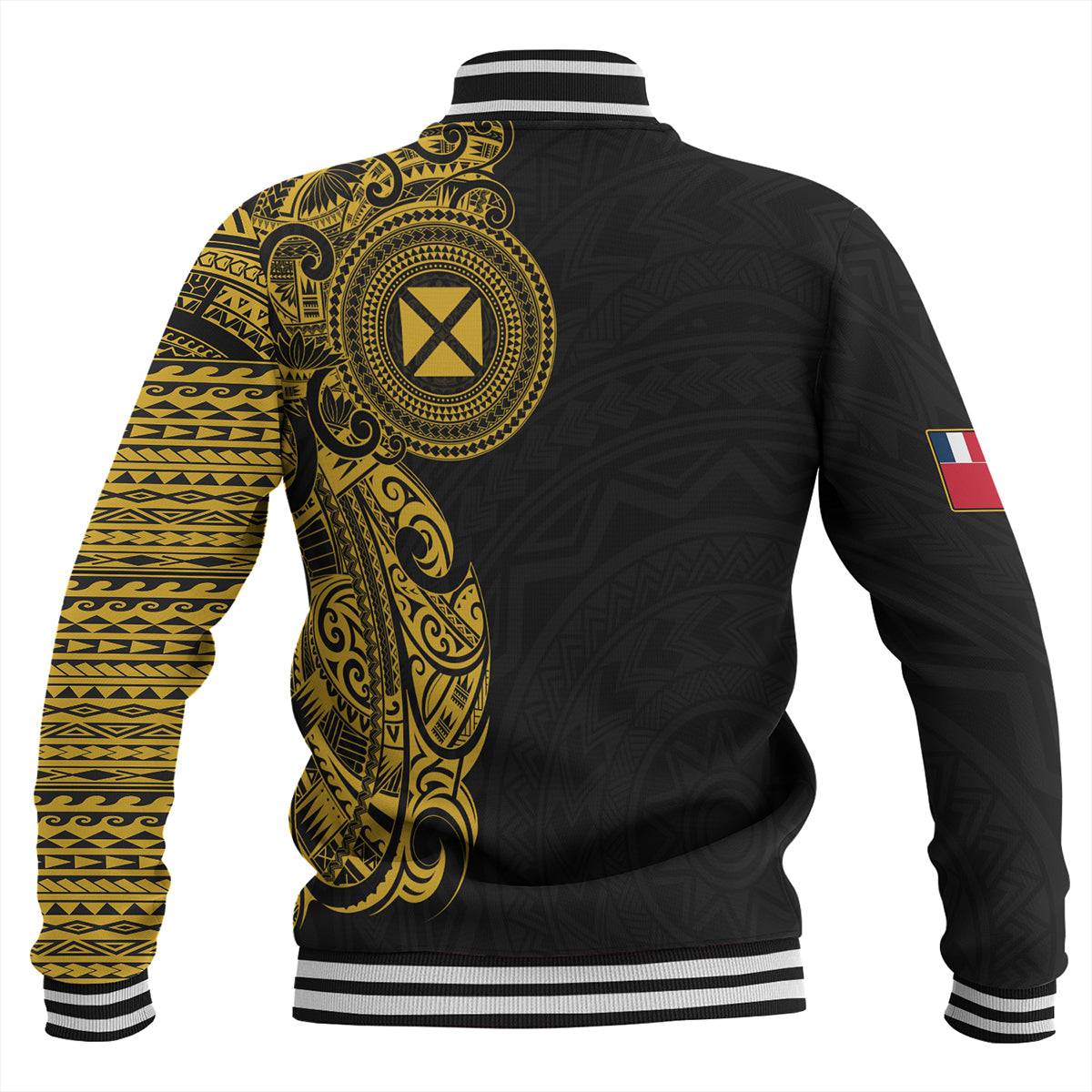 Wallis And Futuna Baseball Jacket Custom Polynesian Half Sleeve Gold Tattoo With Seal Black