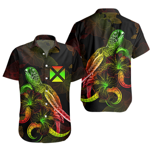 Wallis And Futuna Short Sleeve Shirt Sea Turtle With Blooming Hibiscus Flowers Reggae
