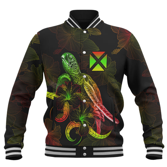 Wallis And Futuna Baseball Jacket Sea Turtle With Blooming Hibiscus Flowers Reggae