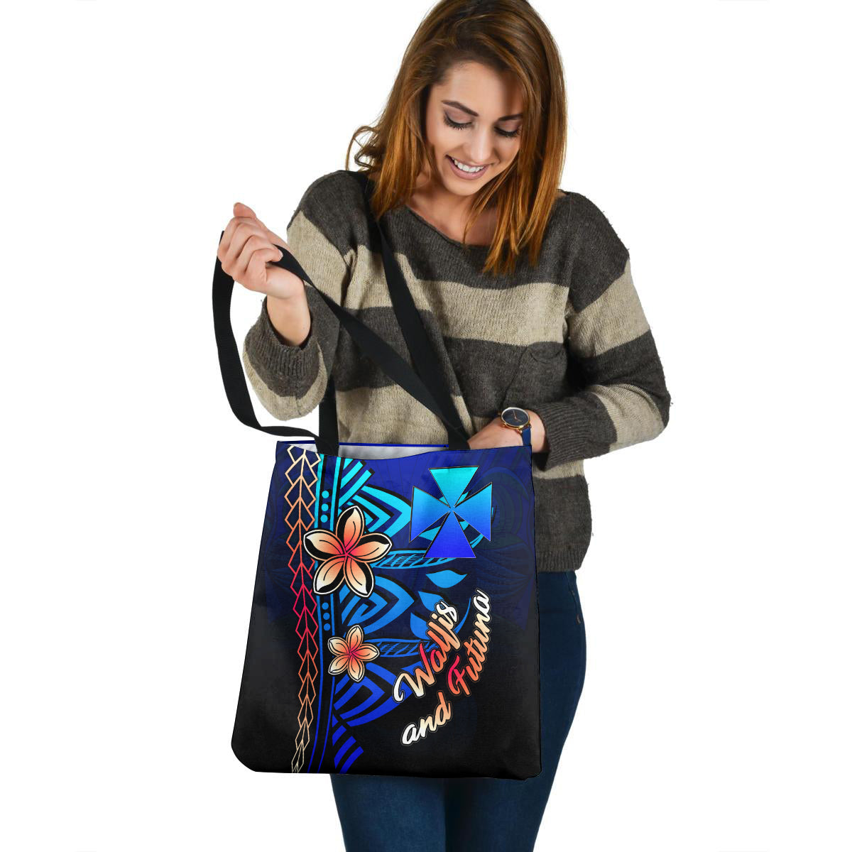 Wallis and Futuna Custom Personalised Tote Bag Blue Vintage Tribal Mountain