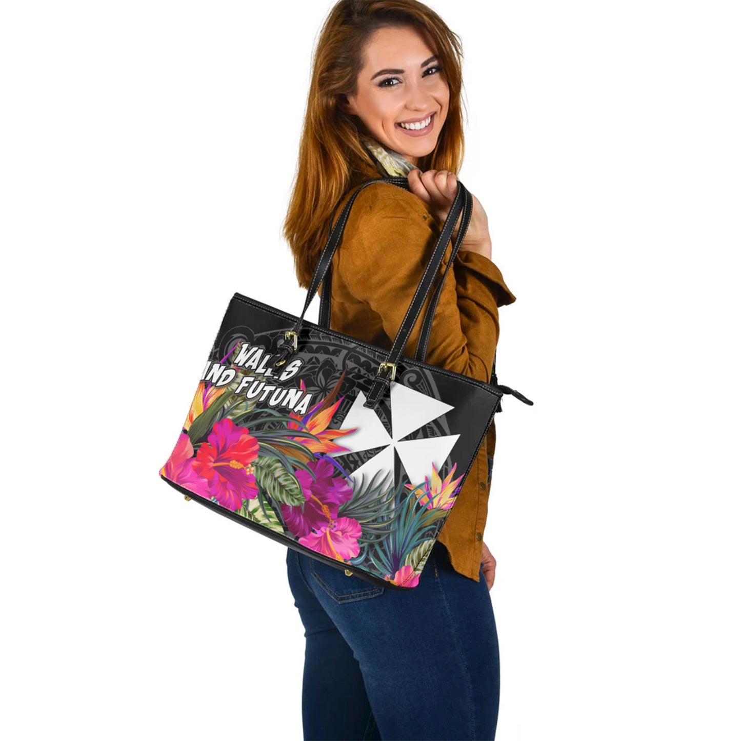 Wallis and Futuna Custom Personalised Leather Tote Polynesian Hibiscus Pattern