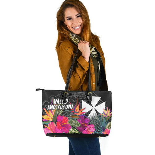Wallis and Futuna Custom Personalised Leather Tote Polynesian Hibiscus Pattern